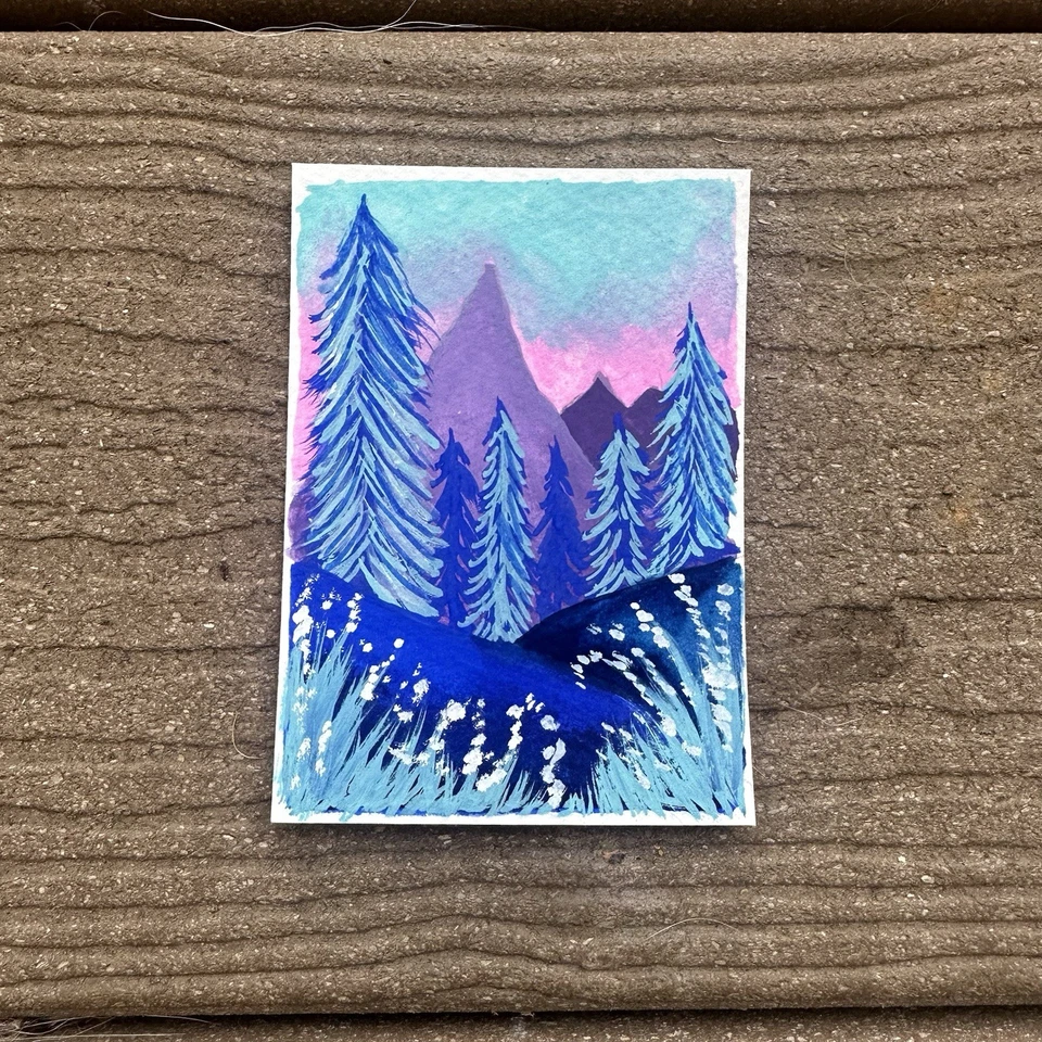 Tarjeta de Arte Pintura Gouache Paisaje Montañas y Árboles Aceo Original Foto 1 de 1