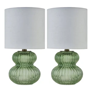 Modern Set of 2 Green Ribbed Glass 29cm Table Lamps Bedside Lights White Shade - Picture 1 of 8
