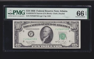 US 1950 $10 FRN Atlanta Narrow FA Block FR 2010-FN PMG 66 EPQ GEM CU (719) - Picture 1 of 2