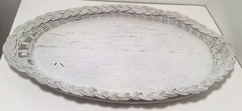 VINTAGE OLD WHITE WICKER TRAY WOODEN BOTTOM 19”/11" Cover