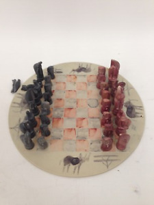 Soapstone Chess Set African Hand Carved With Round Board And Pieces Unusual