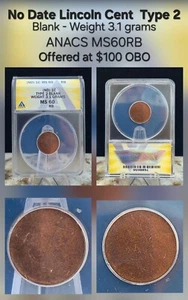 1c No Date (ND) Lincoln Cent Type 2 Blank ANACS MS60RB - Picture 1 of 4