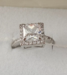 Clear CZ Princess Cut Halo Bridal Engagement Ring Pure Silver Plated Sz 7 NWT - Picture 1 of 5