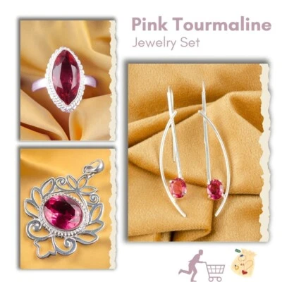 Natural Pink Tourmaline 925 Solid Silver Jewelry Combo Set Earrings Pendant Ring - Image 1 of 4