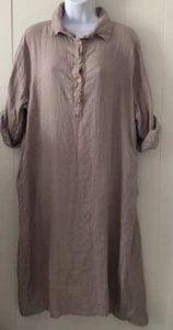 Callisi 100% Linen Dress Size Medium Lagenlook Khaki Tan Roll Tab Sleeve Pockets - Picture 1 of 7