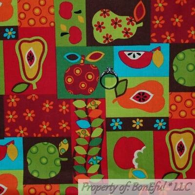 BonEful FABRIC FQ Cotton Quilt Fall Patchwork Fruit Apple Pear Block Square Dot - Image 1 of 4
