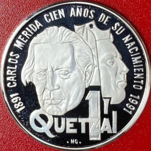 1992 GUATEMALA 1 QUETZAL SILVER CAMEO PROOF ARTIST PAINTER CARLOS MERIDA RARE! - Picture 1 of 7