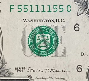F55111155C $1 Binary RADAR Fancy Serial Number One Dollar Bill 2017 Note - Picture 1 of 3
