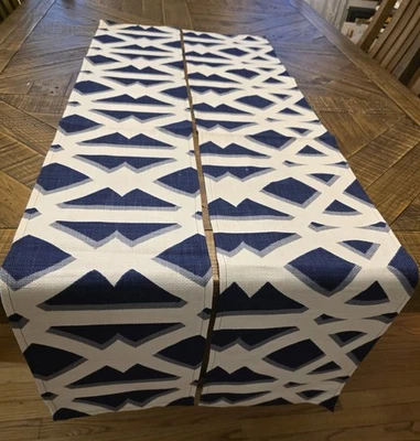 Lot Of 2 53" x 9" Handmade Patterned Print Cloth Table Runners Blue Ivory NICE - Image 1 of 4