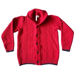 Janie and Jack Cable Knit Shawl Collar Cardigan Ruby Red Layering Piece Kid Boys - Picture 1 of 7