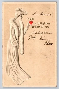Postcard Woman Heart Fur Art Nouveau My Heart Beats For You Alone German AT14 - Picture 1 of 2