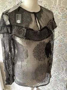Ladies S Nu Black Top Blouse Lace Ruffle Evening cocktail mesh Web Long Sleeve - Picture 1 of 7