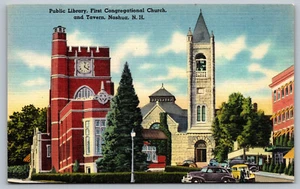 Postcard Public Library First Congregational Church And Tavern, Nashua Nh B16 - Picture 1 of 2