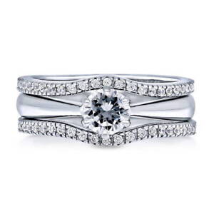 BERRICLE Sterling Silver Solitaire 0.45ct Round CZ Wedding Engagement Ring Set