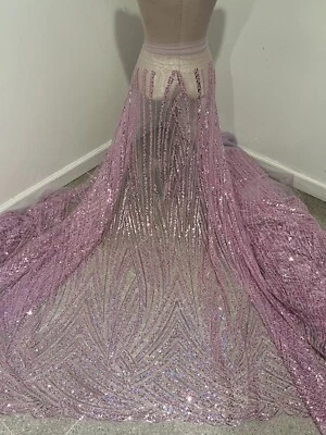 Lavender Pink heavy Beaded Sequin Embroidery Bridal Lace Fabric 50” Width 1 Yard - Image 1 of 4