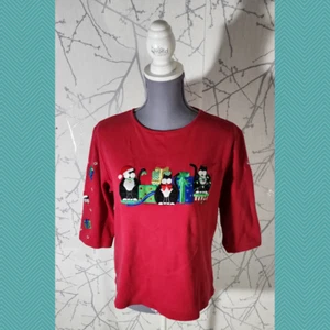 Allyson Whitmore Red Christmas Cats Embroidered Tee | Women's Petite M - Picture 1 of 5