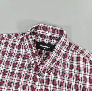 DSQUARED2 Mens Shirt Red 46 Tartan Plaid Button Up Silver Logo Short Sleeves - Picture 1 of 9