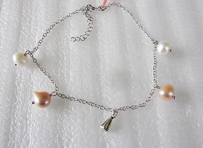 Pulsera/tobillera de perlas de agua dulce y melocotón blanco, plata de ley 925, 10,5 pulgadas Foto 1 de 4