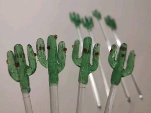 8 Vtg MCM Hand Blown Glass Saguaro Cactus Red Flower Swizzle Sticks 8" - Picture 1 of 10