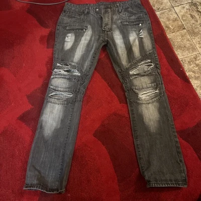 BALMAIN PARIS Moto Jeans Men Black sz 36 Italy Denim Biker Stretch Ribbed Zipper - Image 1 of 4