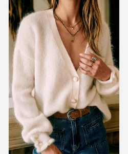 Sezane Mia Mohair Botón Arriba Cárdigan Suéter Cuello en V Francés Beige Avena Crema S - Imagen 1 de 9