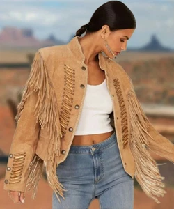 Women Leather Jacket Western Suede Native American Fringe Cowgirl Beaded Style - Picture 1 of 4
