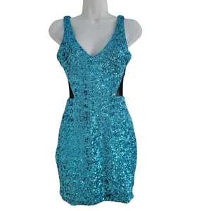 Y2k Bebe Türkis Schimmer Blink Party Kleid Glitzer XS Sexy Bodycon - Bild 1 von 13