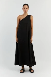 DISSH Amber Linen Black One Shoulder Linen Midi Dress Size AU 8 | US 4 - Picture 1 of 5