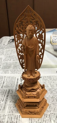 Japanese Wood Carved Buddhist Amitabha Buddha Statue W5.0×D3.6×H12.8inch FS USED - Image 1 of 4