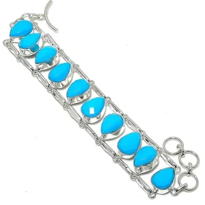 Blue Turquoise Gemstone Handmade 925 Sterling Silver Jewelry Bracelet Size 7-8" - Picture 1 of 1