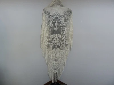 Vintage Net Lace Shawl Cape Scarf Victorian Style White-Wedding Shawl Flower - Image 1 of 4