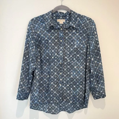 Michael Kors Blue Ikat Roll Tab Sleeve Button Up Top Womens Plus 2X Blouse - Image 1 of 4