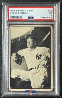BOLA DE BEISEBOL CASEY STENGEL PSA 1 1953 BOWMAN PRETO E BRANCO #39 YANKEES 8753 - Imagem 1 de 2