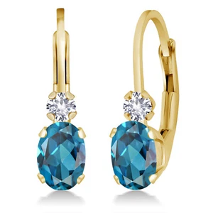 14K Yellow Gold London Blue Topaz and White Created Sapphire Earrings For Women - Picture 1 of 4