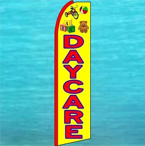 DAY CARE FLUTTER FEATHER FLAG Yellow Swooper Banner Tall Curved Advertising Sign - Picture 1 of 5