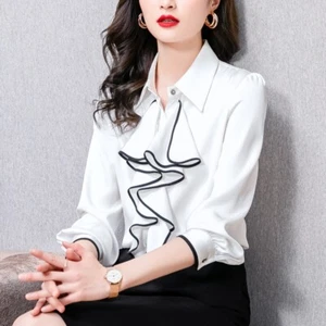 Women Ruffles Satin Shirts Blouse Tops Faux Silk Office Formal Casual Retro - Picture 1 of 13