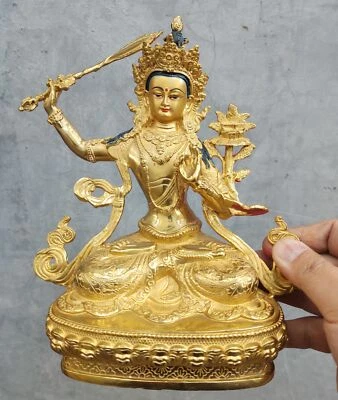  old Handpainted bronze gilt statue Buddha Sakyamuni Bodhisattva Manjushri /8.2" - Image 1 of 4