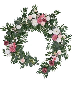 TINGE TIME Handcrafted Faux Rose Wreath 9ft Greenery for Wedding Centerpiece - Picture 1 of 7