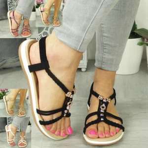 Sandals Shoes Ladies Elastic Strappy Summer Open Toes Girls Bling Womens Sizes - Picture 1 of 52