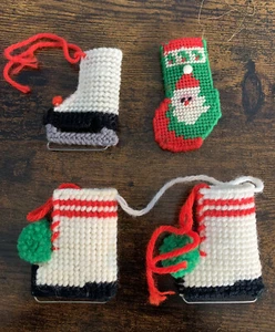 Vintage Plastic Canvas Yarn Christmas Hanging Ornaments Ice Skates Stocking - Picture 1 of 2