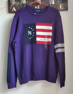 NEW.. Nautica Sweater Mens Large Purple Cotton US Flag Patriotic Pullover NWT - Picture 1 of 9