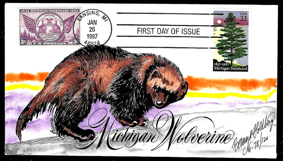 2246 22c Stamp (1987) + 775 3c Stamp (1935) MICHIGAN 150 FDC BY BERNARD GOLDBERG - Image 1 of 1