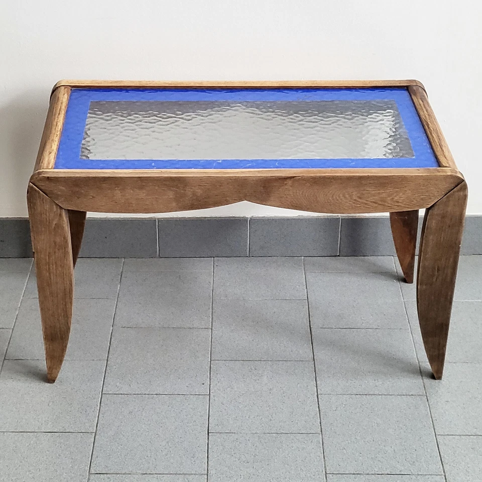 TABLE BASSE TABLE D'APPOINT VINTAGE 1940 1950 EN HETRE & VERRE CATHEDRALE - Photo 1/4