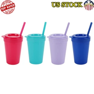 4 Pack Kids Plastic Tumblers W/ Lid Straw Durable Dishwasher Safe Fun Drinking - Picture 1 of 15