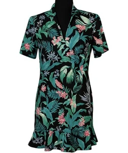 Abito Tommy Bahama Golf Floreale Taglia L Nero Zip Tropicale Elasticizzato Ruffle - Foto 1 di 5