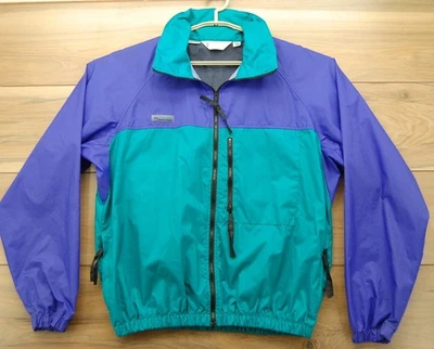 Cortavientos Columbia vintage para hombre mediana púrpura verde azulado empacable capucha manga radial Foto 1 de 4