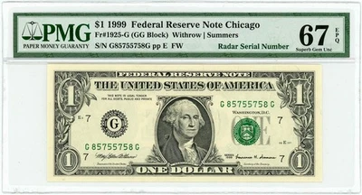 FR.1925-G $1 1999 FRN Chicago Radar Serial # Superb Gem Unc67 EPQ PMG 950222-173 - Image 1 of 3