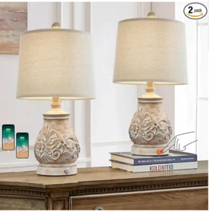 Working PoKat 21" 3 Way Dimmable Farmhouse Vintage Touch Table Lamps w USB Ports - Picture 1 of 2