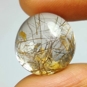12.76 Ct-Natural Golden Multiple Hair Rutile Quartz Beautiful Oval Cab,India-G34 - Picture 1 of 2