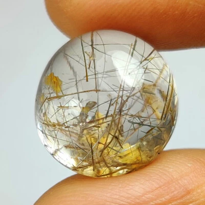12.76 Ct-Natural Golden Multiple Hair Rutile Quartz Beautiful Oval Cab,India-G34 - Image 1 of 2